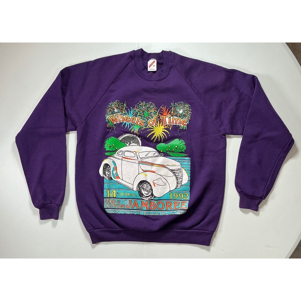 VTG 90S Wheels of Time Rod and Custom Jambore Car Show Sweatshirt Mens L Hippie